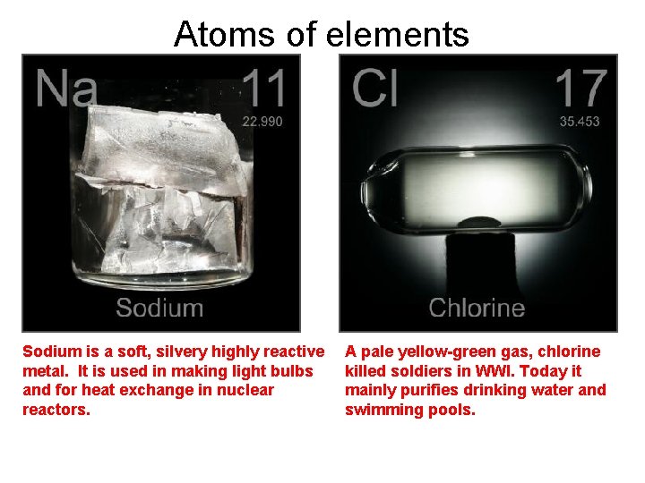 Atoms of elements Sodium is a soft, silvery highly reactive metal. It is used