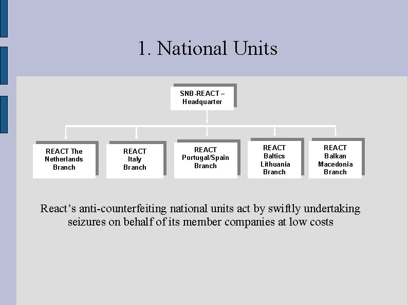 1. National Units SNB-REACT – Headquarter REACT The Netherlands Branch REACT Italy Branch REACT