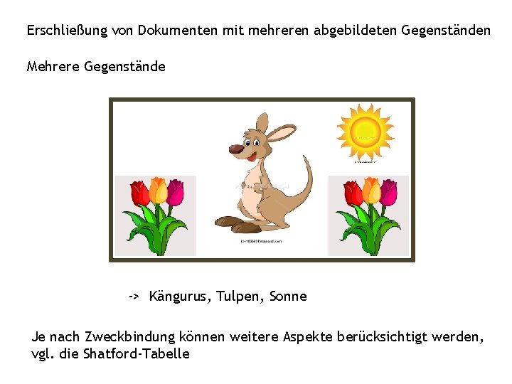 Erschließung von Dokumenten mit mehreren abgebildeten Gegenständen Mehrere Gegenstände -> Kängurus, Tulpen, Sonne Je Erschließung von Dokumenten mit mehreren abgebildeten Gegenständen Mehrere Gegenstände -> Kängurus, Tulpen, Sonne Je