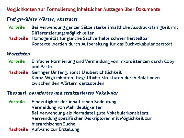 Möglichkeiten zur Formulierung inhaltlicher Aussagen über Dokumente Frei gewählte Wörter, Abstracts Vorteile Bei Verwendung Möglichkeiten zur Formulierung inhaltlicher Aussagen über Dokumente Frei gewählte Wörter, Abstracts Vorteile Bei Verwendung