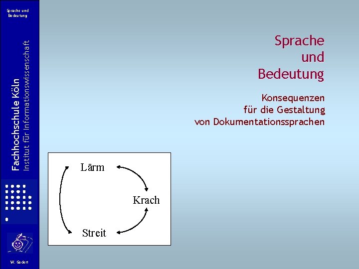 Institut für Informationswissenschaft Fachhochschule Köln Sprache und Bedeutung Konsequenzen für die Gestaltung von Dokumentationssprachen Institut für Informationswissenschaft Fachhochschule Köln Sprache und Bedeutung Konsequenzen für die Gestaltung von Dokumentationssprachen