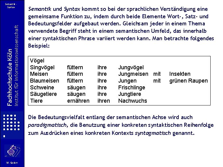 Institut für Informationswissenschaft Fachhochschule Köln Semantik Syntax Semantik und Syntax kommt so bei der Institut für Informationswissenschaft Fachhochschule Köln Semantik Syntax Semantik und Syntax kommt so bei der