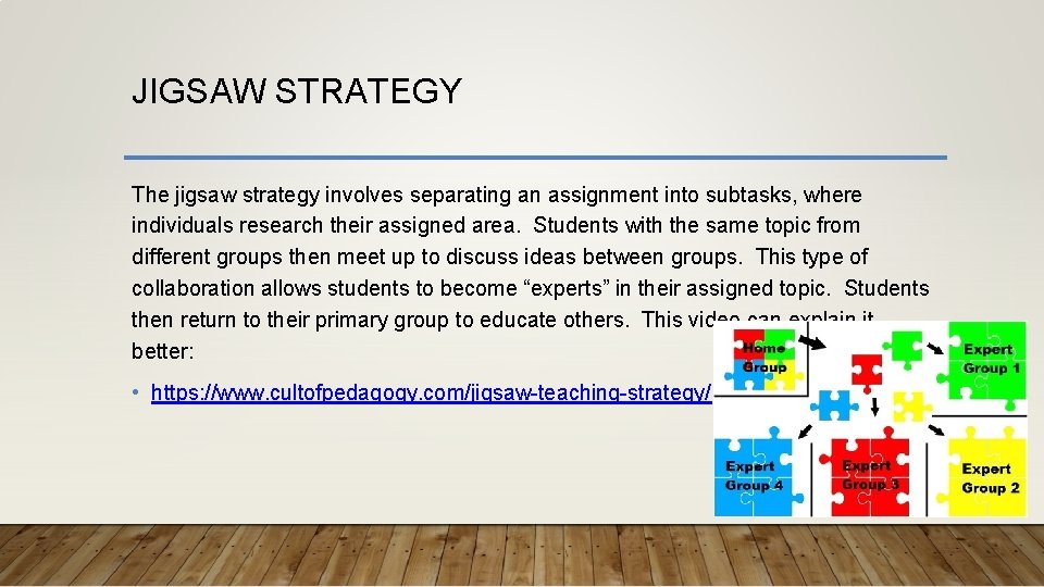 JIGSAW STRATEGY The jigsaw strategy involves separating an assignment into subtasks, where individuals research