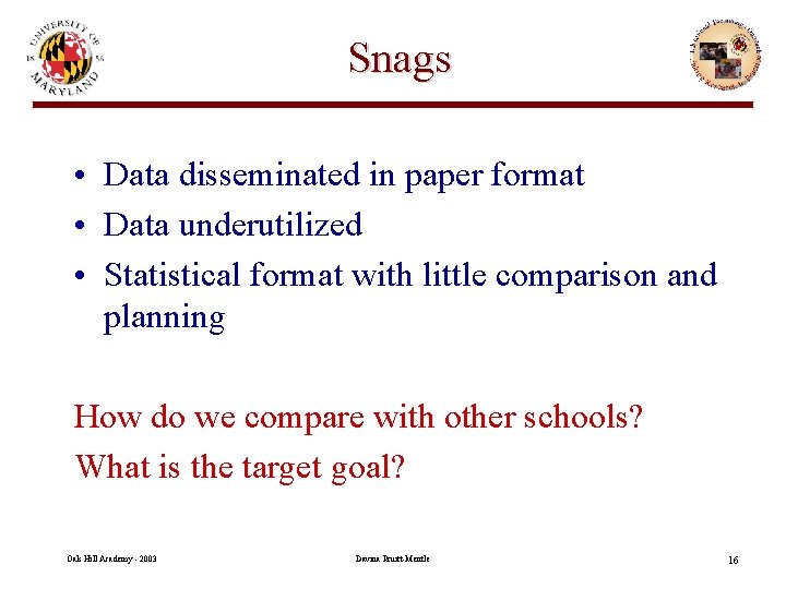 Snags • Data disseminated in paper format • Data underutilized • Statistical format with