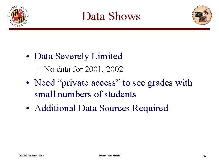 Data Shows • Data Severely Limited – No data for 2001, 2002 • Need