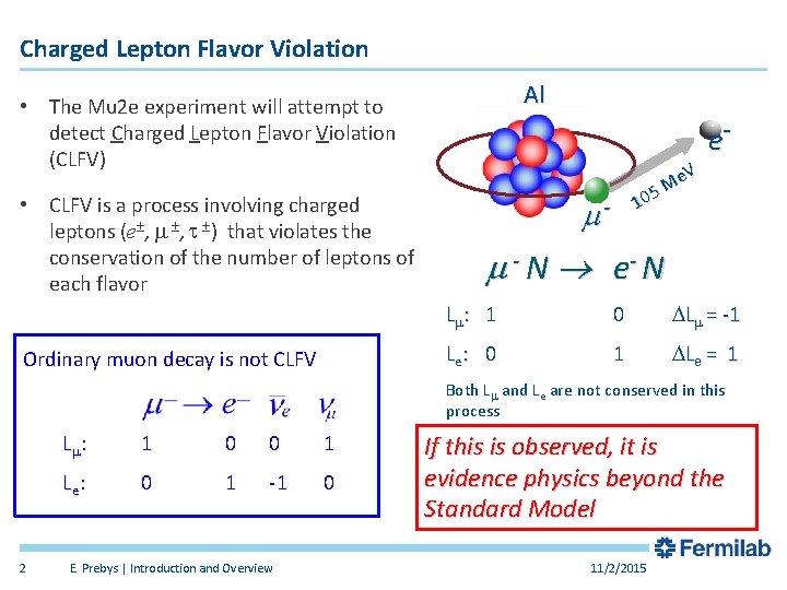 Charged Lepton Flavor Violation Al • The Mu 2 e experiment will attempt to
