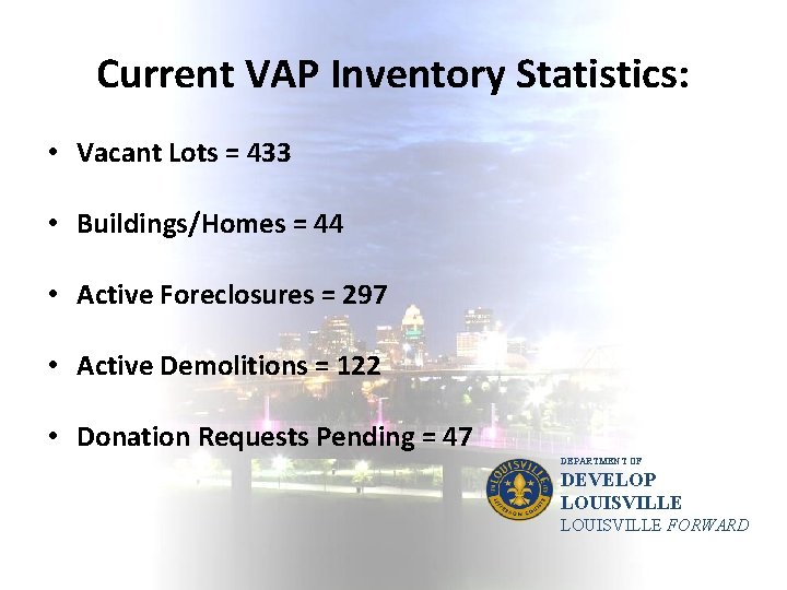 Current VAP Inventory Statistics: • Vacant Lots = 433 • Buildings/Homes = 44 •