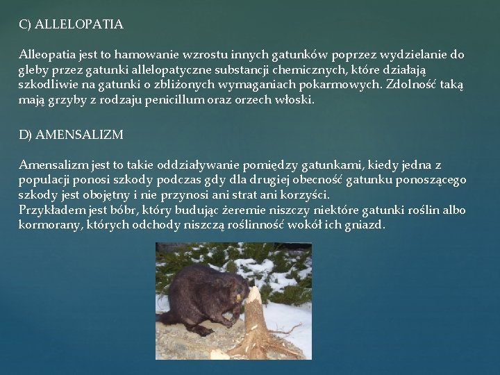 C) ALLELOPATIA Alleopatia jest to hamowanie wzrostu innych gatunków poprzez wydzielanie do gleby przez