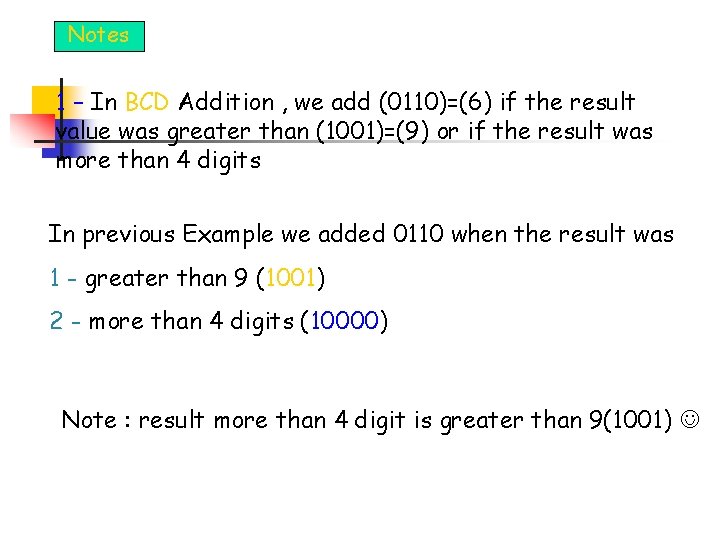 Notes 1 – In BCD Addition , we add (0110)=(6) if the result value