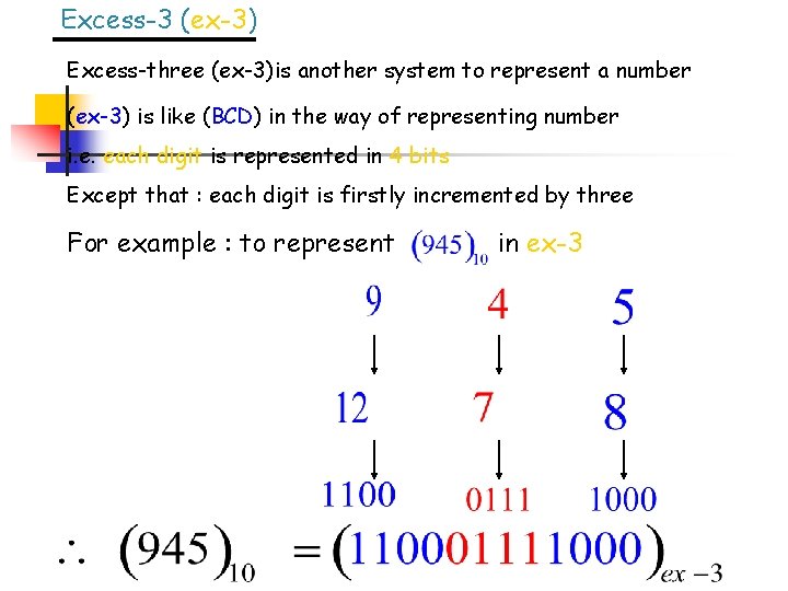 Excess-3 (ex-3) Excess-three (ex-3)is another system to represent a number (ex-3) is like (BCD)