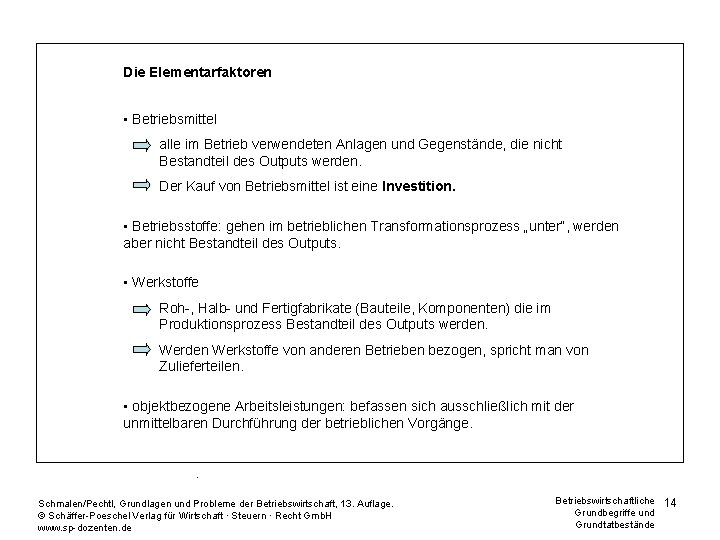 Die Elementarfaktoren • Betriebsmittel alle im Betrieb verwendeten Anlagen und Gegenstände, die nicht Bestandteil