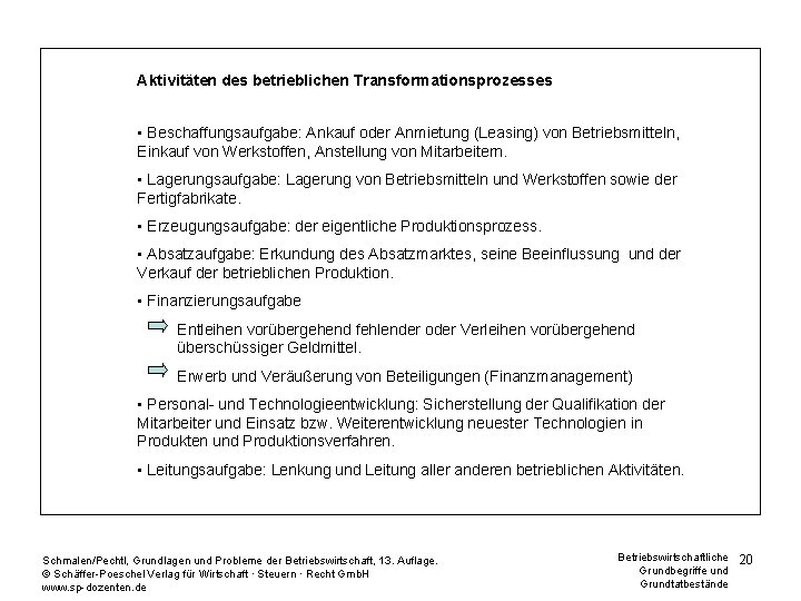 Aktivitäten des betrieblichen Transformationsprozesses • Beschaffungsaufgabe: Ankauf oder Anmietung (Leasing) von Betriebsmitteln, Einkauf von