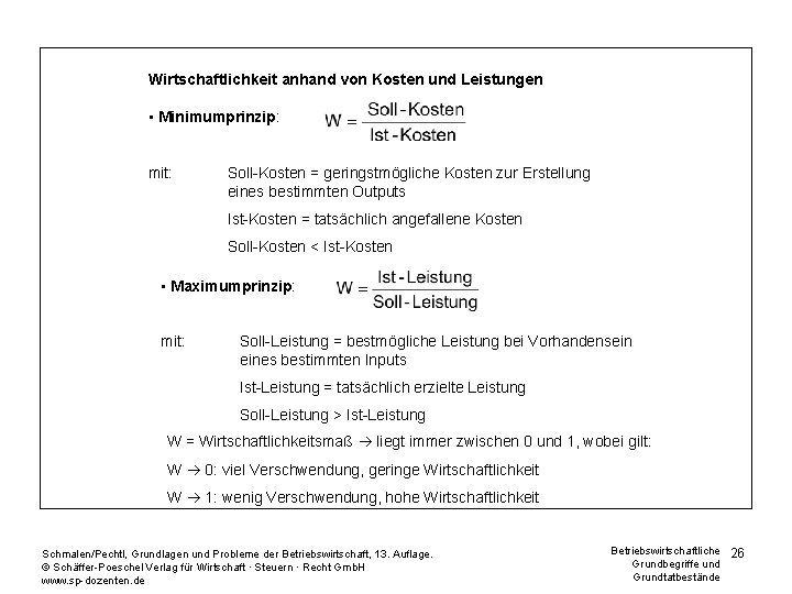 Wirtschaftlichkeit anhand von Kosten und Leistungen • Minimumprinzip: mit: Soll-Kosten = geringstmögliche Kosten zur