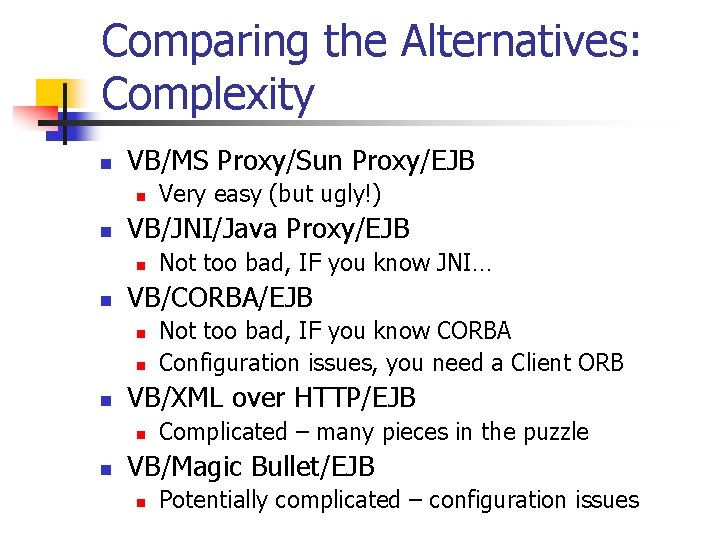 Comparing the Alternatives: Complexity n VB/MS Proxy/Sun Proxy/EJB n n VB/JNI/Java Proxy/EJB n n