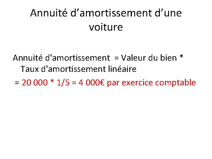 Annuité d’amortissement d’une voiture Annuité d'amortissement = Valeur du bien * Taux d'amortissement linéaire