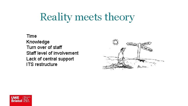 Reality meets theory Time Knowledge Turn over of staff Staff level of involvement Lack