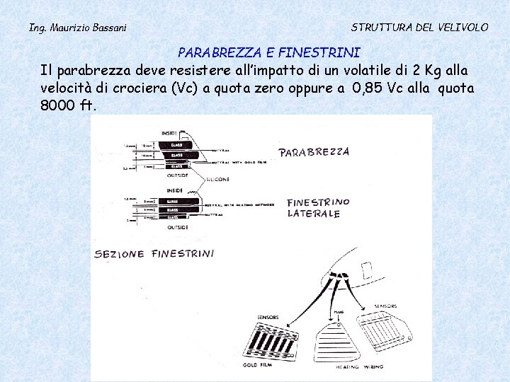 Ing. Maurizio Bassani STRUTTURA DEL VELIVOLO PARABREZZA E FINESTRINI Il parabrezza deve resistere all’impatto