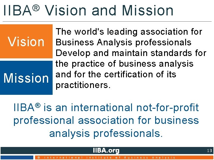 ® IIBA Vision and Mission Vision Mission The world's leading association for Business Analysis