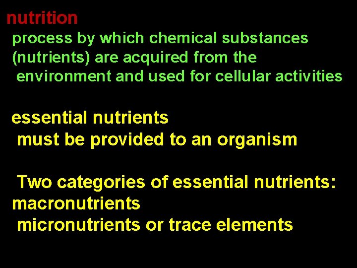 nutrition process by which chemical substances (nutrients) are acquired from the environment and used