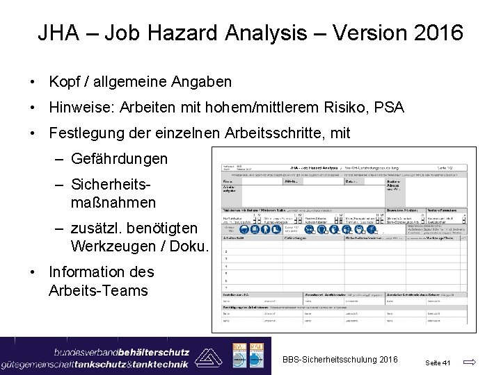 JHA – Job Hazard Analysis – Version 2016 • Kopf / allgemeine Angaben •