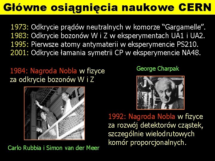 Główne osiągnięcia naukowe CERN 1973: 1983: 1995: 2001: Odkrycie Pierwsze Odkrycie prądów neutralnych w