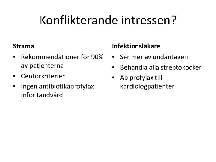 Konflikterande intressen? Strama Infektionsläkare • Rekommendationer för 90% av patienterna • Centorkriterier • Ingen