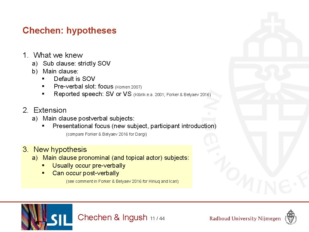 Chechen: hypotheses 1. What we knew a) Sub clause: strictly SOV b) Main clause: