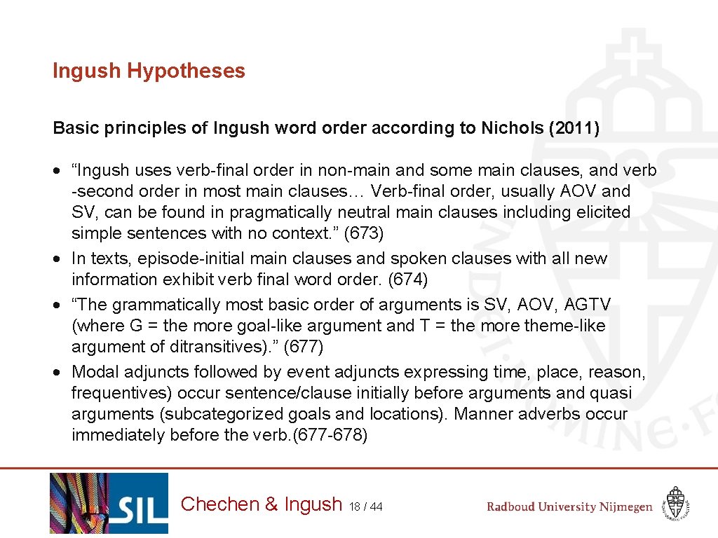 Ingush Hypotheses Basic principles of Ingush word order according to Nichols (2011) “Ingush uses