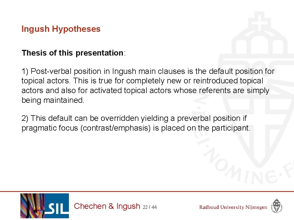 Ingush Hypotheses Thesis of this presentation: 1) Post-verbal position in Ingush main clauses is