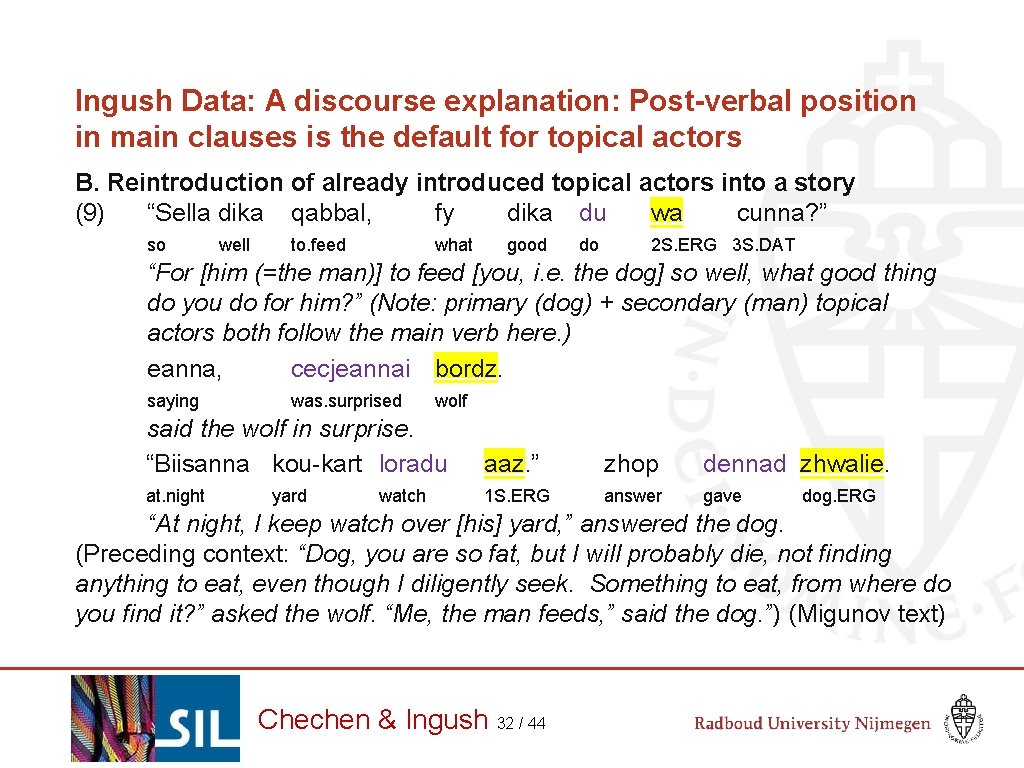 Ingush Data: A discourse explanation: Post-verbal position in main clauses is the default for