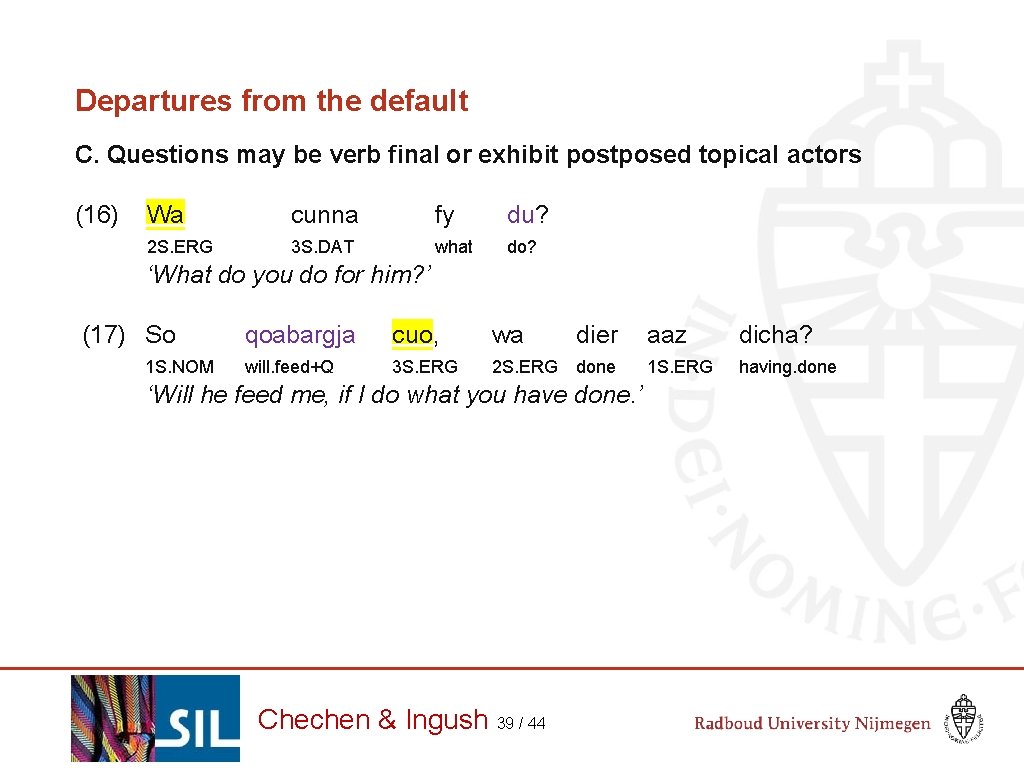 Departures from the default C. Questions may be verb final or exhibit postposed topical