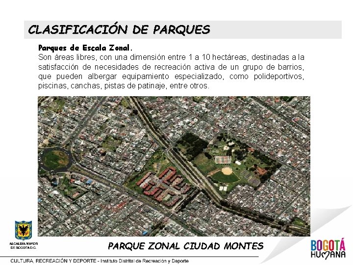 CLASIFICACIÓN DE PARQUES Parques de Escala Zonal. Son áreas libres, con una dimensión entre