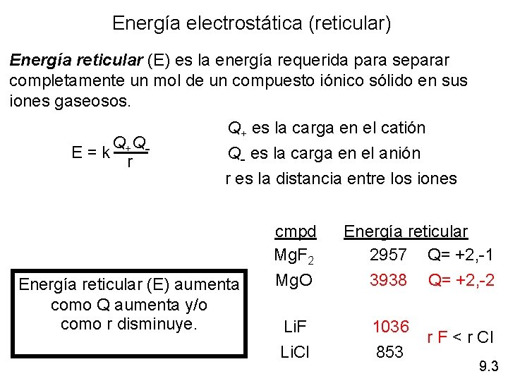 Energía electrostática (reticular) Energía reticular (E) es la energía requerida para separar completamente un