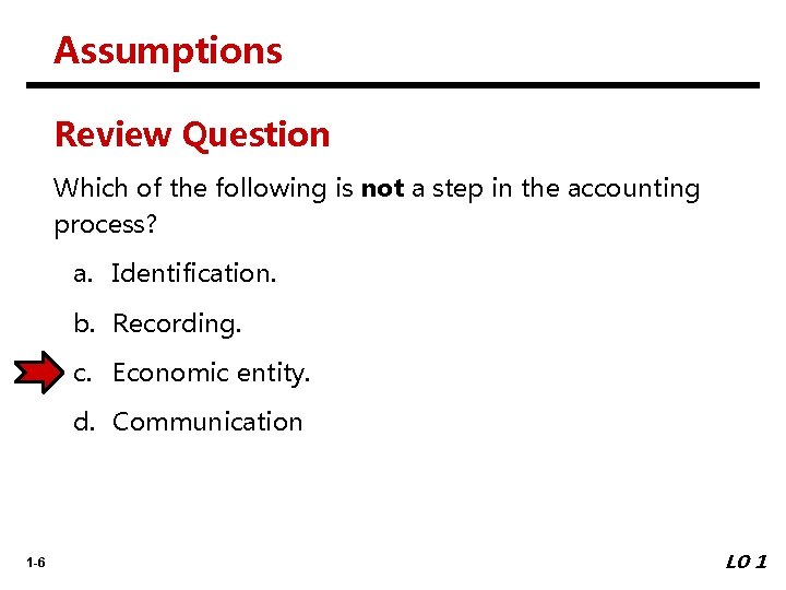 Assumptions Review Question Which of the following is not a step in the accounting