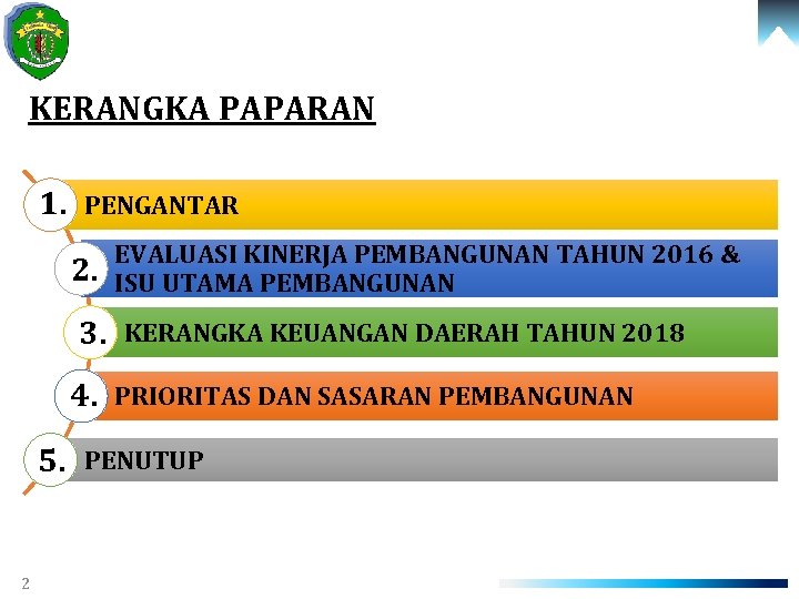 KERANGKA PAPARAN 1. PENGANTAR 2. EVALUASI KINERJA PEMBANGUNAN TAHUN 2016 & ISU UTAMA PEMBANGUNAN