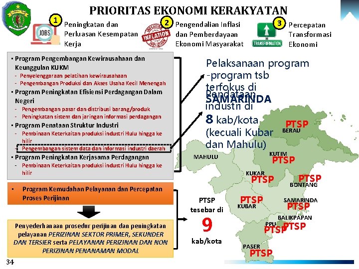 PRIORITAS EKONOMI KERAKYATAN 1 Peningkatan dan Perluasan Kesempatan Kerja 2 Pengendalian Inflasi • Program