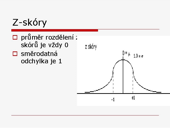 Z-skóry o průměr rozdělení zskórů je vždy 0 o směrodatná odchylka je 1 