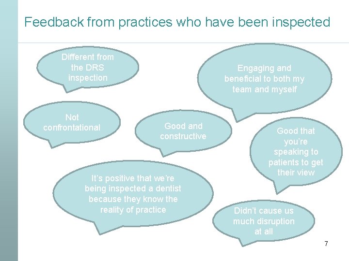 Feedback from practices who have been inspected Different from the DRS inspection Not confrontational