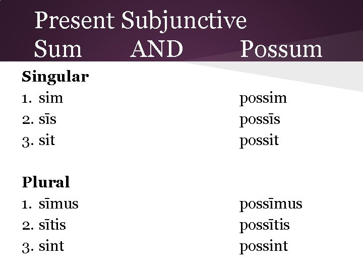 Present Subjunctive Sum AND Possum Singular 1. sim 2. sīs 3. sit possim possīs