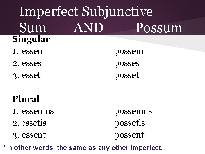 Imperfect Subjunctive Sum AND Possum Singular 1. essem 2. essēs 3. esset possem possēs