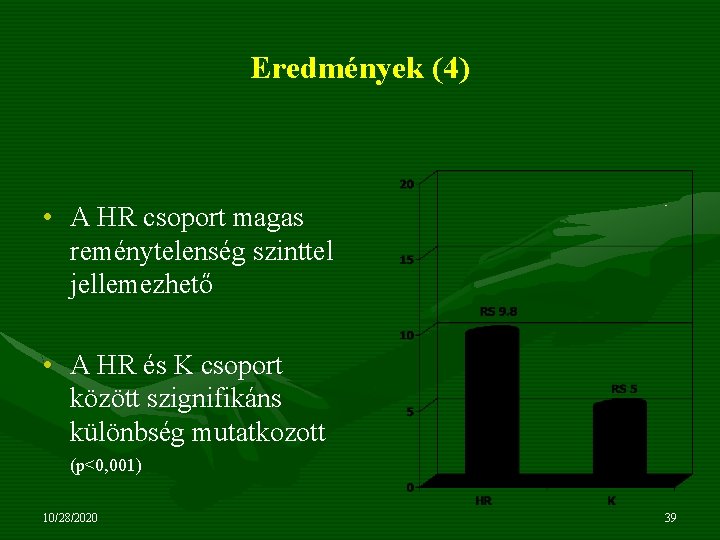 Eredmények (4) • A HR csoport magas reménytelenség szinttel jellemezhető • A HR és