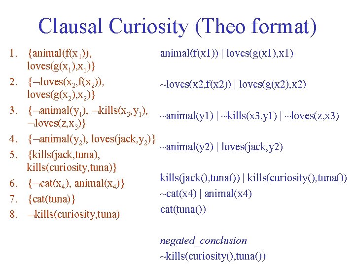 Clausal Curiosity (Theo format) 1. {animal(f(x 1)), loves(g(x 1), x 1)} 2. { loves(x