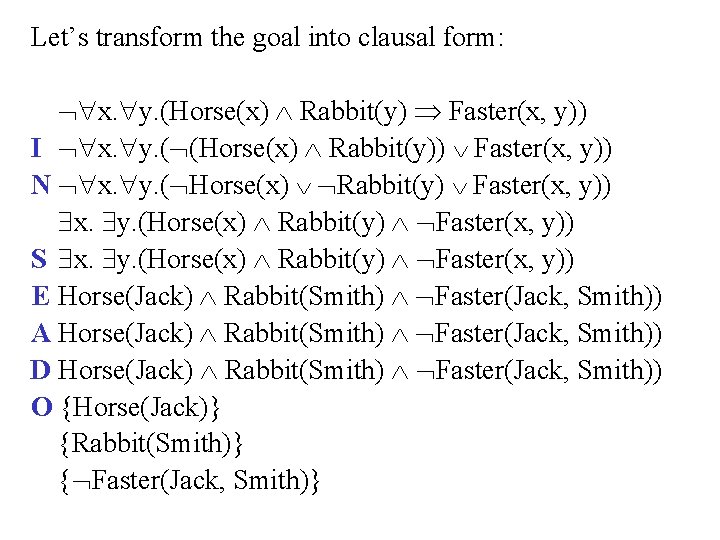 Let’s transform the goal into clausal form: "x. "y. (Horse(x) Ù Rabbit(y) Þ Faster(x,