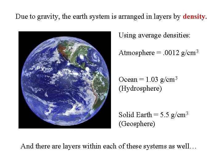 Due to gravity, the earth system is arranged in layers by density. Using average