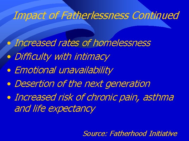 Impact of Fatherlessness Continued • Increased rates of homelessness • Difficulty with intimacy •