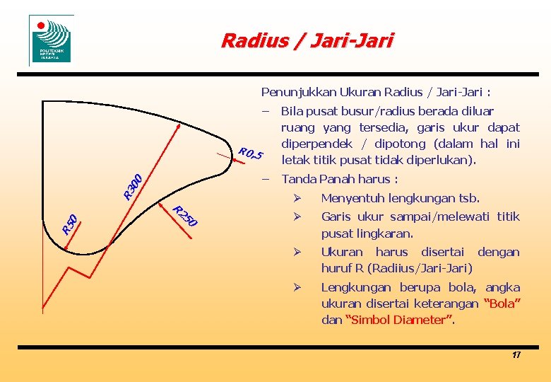 Radius / Jari-Jari Penunjukkan Ukuran Radius / Jari-Jari : – Bila pusat busur/radius berada