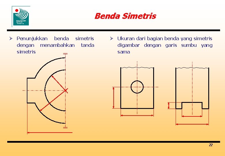 Benda Simetris Ø Penunjukkan benda simetris dengan menambahkan tanda simetris Ø Ukuran dari bagian