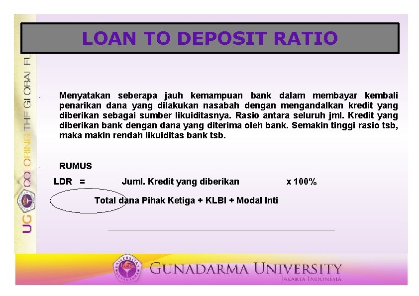 LOAN TO DEPOSIT RATIO • • Menyatakan seberapa jauh kemampuan bank dalam membayar kembali