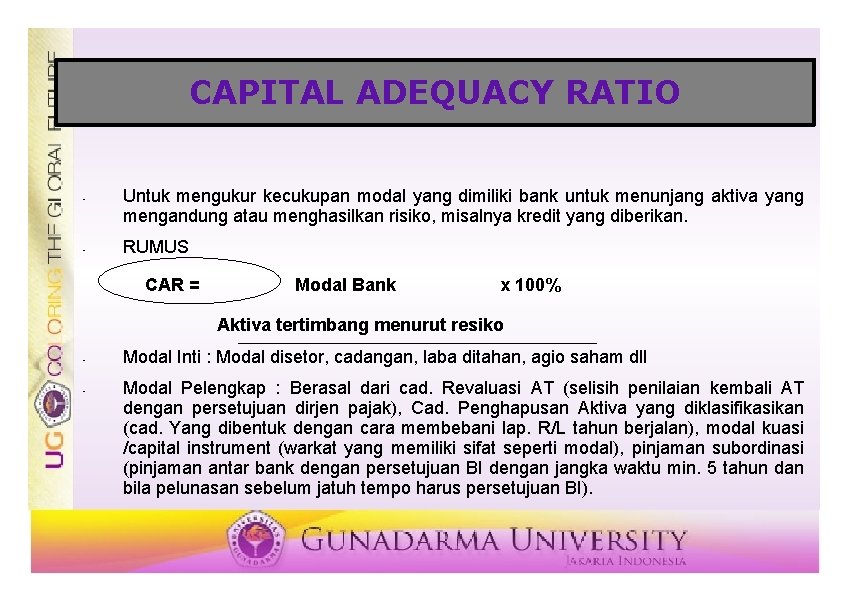 CAPITAL ADEQUACY RATIO • • Untuk mengukur kecukupan modal yang dimiliki bank untuk menunjang