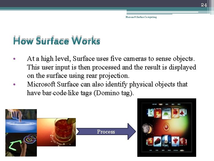 24 Microsoft Surface Computing How Surface Works • • At a high level, Surface